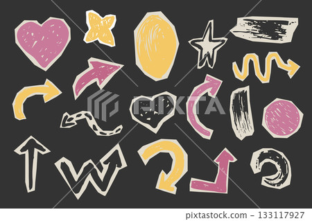 Cutout torn paper pieces geometric shapes, arrows, grunge crayon hand drawn set. Collage funky, groovy retro doodle parts, scrapbook elements, design Cutout torn paper pieces geometric shapes, arrows, grunge crayon hand drawn set. Collage funky, groovy retro doodle parts, scrapbook elements, design 133117927