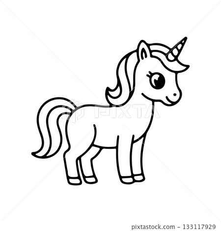 Cute unicorn drawing for children with a vibrant mane and playful expression in a simple outline style 133117929
