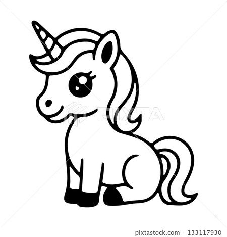 Cute cartoon unicorn with a horn, sitting and smiling, ideal for children s illustrations and designs Cute cartoon unicorn with a horn, sitting and smiling, ideal for children s illustrations and designs 133117930
