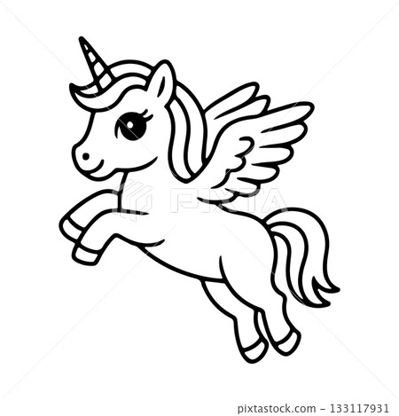 Winged unicorn jumps joyfully in a whimsical scene filled with magic and wonder Winged unicorn jumps joyfully in a whimsical scene filled with magic and wonder 133117931