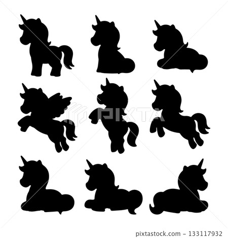 Various unicorn silhouettes showcasing different poses and styles for creative projects and designs Various unicorn silhouettes showcasing different poses and styles for creative projects and designs 133117932