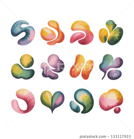 Colorful abstract leaves and shapes in various arrangements showcasing artistic design and creativity 133117933