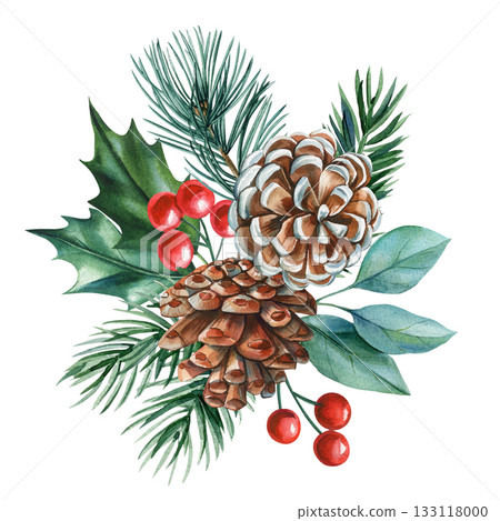 Pine cones with holly leaves and red berries watercolor winter botanical arrangement for seasonal holiday decor Pine cones with holly leaves and red berries watercolor winter botanical arrangement for seasonal holiday decor 133118000