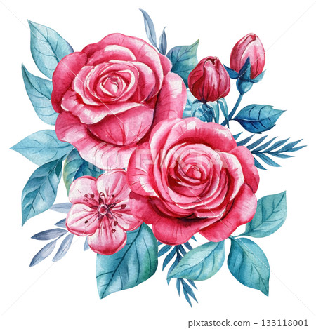 Pink roses with blue leaves watercolor floral bouquet for romantic botanical design and elegant spring decor 133118001