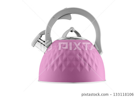 kettle with whistle, matte Pink color, with rhombus texture on isolated and white background kettle with whistle, matte Pink color, with rhombus texture on isolated and white background 133118106