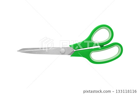 Green Handled Scissors Closed on White Background Green Handled Scissors Closed on White Background 133118116