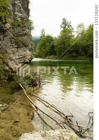 Wild Alpine River with Rocky Shore in Summer Mountains 133118242