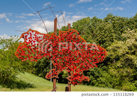 KIEV, UKRAINE - MAY 27, 2017: Metal structure in the form of Ukraine covered with poppies KIEV, UKRAINE - MAY 27, 2017: Metal structure in the form of Ukraine covered with poppies 133118269