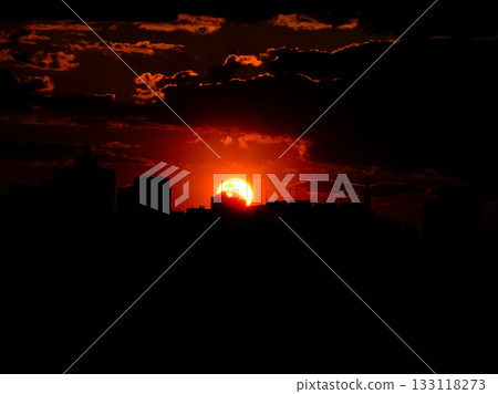 Autumn red sunset with a purple sky 133118273