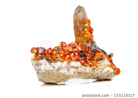 macro mineral stone Spessartine, orange, red garnet with quartz on white background macro mineral stone Spessartine, orange, red garnet with quartz on white background 133118327