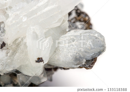 Macro mineral stone Drusus quartz with sphalerite in the rock a white background Macro mineral stone Drusus quartz with sphalerite in the rock a white background 133118388