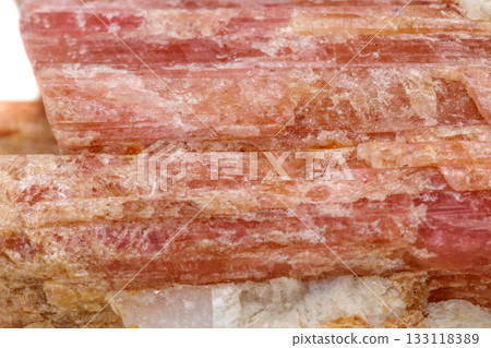 Macro mineral stone Tourmaline in the breed a white background 133118389