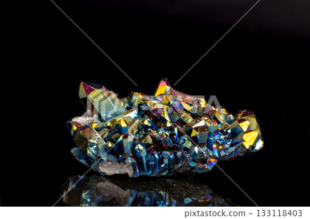 Macro mineral stone Titanium Quartz, Flame Aura Quartz on a black background Macro mineral stone Titanium Quartz, Flame Aura Quartz on a black background 133118403
