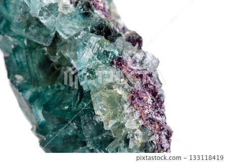 Macro mineral stone Fluorite on a white background 133118419