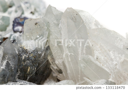 Macro mineral stone Drusus quartz with sphalerite in the rock a white background Macro mineral stone Drusus quartz with sphalerite in the rock a white background 133118470