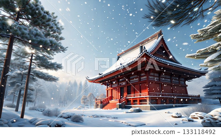 Traditional Japanese temple surrounded by snow and pine trees 133118492