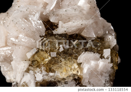 Macro mineral stone Baryta On Fluorite On a black background 133118554