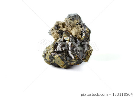 Macro mineral stone  Sphalerite Pyrite on a white background 133118564