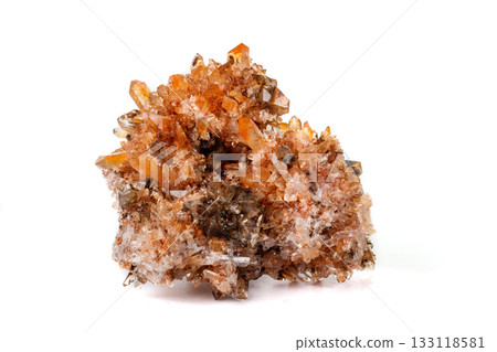 Macro of mineral stone Creedite on microcline on white background Macro of mineral stone Creedite on microcline on white background 133118581