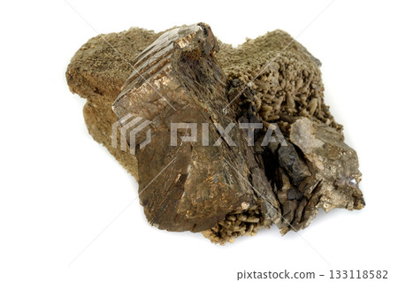 Macro mineral pyrite stone white background Macro mineral pyrite stone white background 133118582