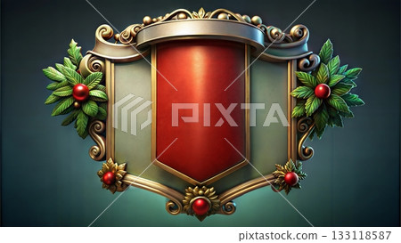 Vintage Christmas plaque with red and gold accents, festive holiday design with holly leaves Vintage Christmas plaque with red and gold accents, festive holiday design with holly leaves 133118587