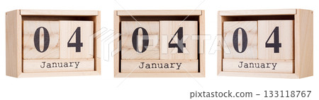 Wooden calendar, a set of dates of the month 04 January, on a white and transparent background 133118767