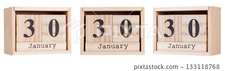 Wooden calendar, a set of dates of the month 30 January, on a white and transparent background 133118768