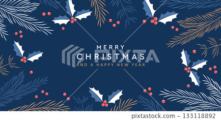 christmas winter background fir branches and holly berry vector illustration 133118892