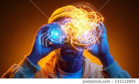 A man in a yellow beanie looks through binoculars, viewing a dynamic network of glowing light and energy lines. This symbolizes future vision, business innovation, and technological power.AI Generated 133118905