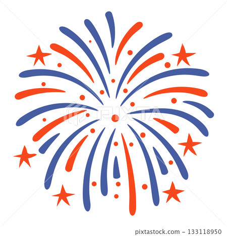 Blue red symmetrical firework burst with central stars cartoon style 133118950