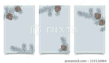 Set of cards with evergreen pine branches and cones. Christmas backgrounds. 133118964