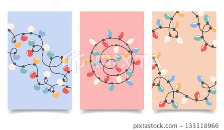Set of postcards with colorful holiday garlands. Christmas lights posters. Set of postcards with colorful holiday garlands. Christmas lights posters. 133118966