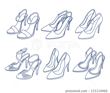 Collection of elegant womens high heels shoes. Sketch. 133118968
