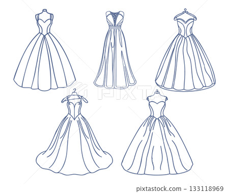 Elegant bridal gowns line art collection. Illustration for card or invitation. 133118969