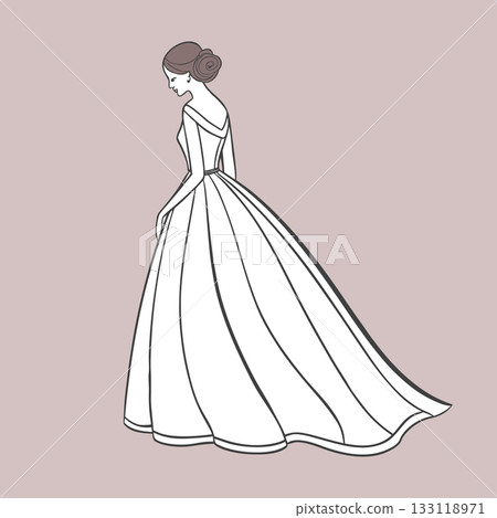 Elegant silhouette of a bride in a wedding dress. Line art. Minimalist illustration for card or invitation. Elegant silhouette of a bride in a wedding dress. Line art. Minimalist illustration for card or invitation. 133118971
