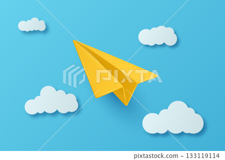 Vector 3d Realistic Yellow Paper Airplane Flying in Blue Sky Background. Paper Airplane for Education, Travel, Minimal Design. Clean Paper Airplane for Poster, Banner, Kids Craft Vector 3d Realistic Yellow Paper Airplane Flying in Blue Sky Background. Paper Airplane for Education, Travel, Minimal Design. Clean Paper Airplane for Poster, Banner, Kids Craft 133119114
