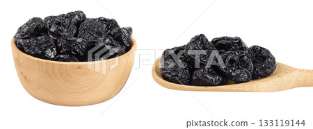 Prunes in wooden bowl isolated on white background, heap of dried plums Prunes in wooden bowl isolated on white background, heap of dried plums 133119144