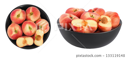 chinese flat donut peaches in ceramic bowl isolated on white background. Top view. Flat lay chinese flat donut peaches in ceramic bowl isolated on white background. Top view. Flat lay 133119148