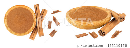 Cinnamon sticks with powder in wooden bowl isolated on white background. Top view. Flat lay 133119156
