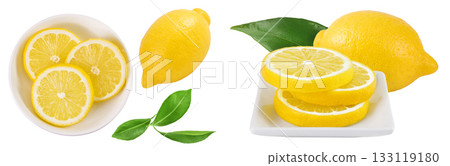 Ripe lemon slices in ceramic bowl isolated on white background with full depth of field. Top view. Flat lay Ripe lemon slices in ceramic bowl isolated on white background with full depth of field. Top view. Flat lay 133119180