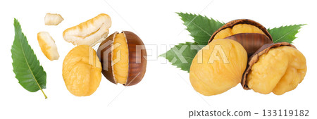 roasted peeled chestnut isolated on white background. Top view. Flat lay roasted peeled chestnut isolated on white background. Top view. Flat lay 133119182