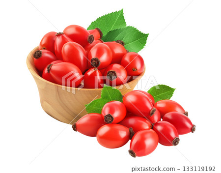 Rose hip in wooden bowl isolated on a white background with full depth of field Rose hip in wooden bowl isolated on a white background with full depth of field 133119192
