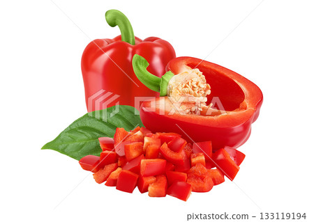 diced of red sweet bell pepper isolated on white background 133119194