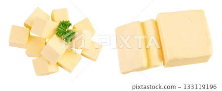 butter cubes isolated on white background with full depth of field. Top view. Flat lay butter cubes isolated on white background with full depth of field. Top view. Flat lay 133119196