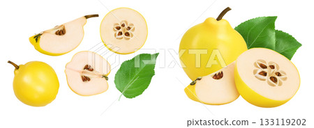 Fresh quince with half and slices isolated on the white background with full depth of field. Top view. Flat lay Fresh quince with half and slices isolated on the white background with full depth of field. Top view. Flat lay 133119202