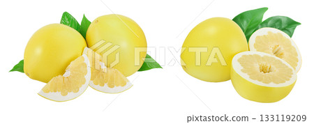 pomelo with slices and leaf isolated on white background with full depth of field 133119209