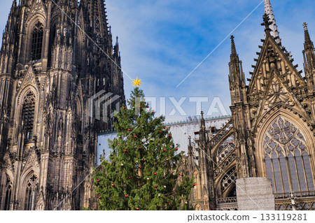 Stunning Christmas tree in front of Prague Castle under a clear blue sky 133119281