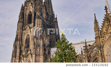 Christmas tree stands in front of St. Vitus Cathedral in Prague during winter evening Christmas tree stands in front of St. Vitus Cathedral in Prague during winter evening 133119282