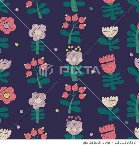 Crayon Floral Seamless Pattern. Hand-Drawn Ornament with Flowers and Berries on dark background. Textured Template Primitive Drawing doodle. Vector illustration. Not AI Crayon Floral Seamless Pattern. Hand-Drawn Ornament with Flowers and Berries on dark background. Textured Template Primitive Drawing doodle. Vector illustration. Not AI 133119358