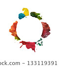 A colorful round frame of watercolor splashes on a white background. This vibrant, artistic design is perfect for creative projects, posters, templates, and modern compositions.  133119391